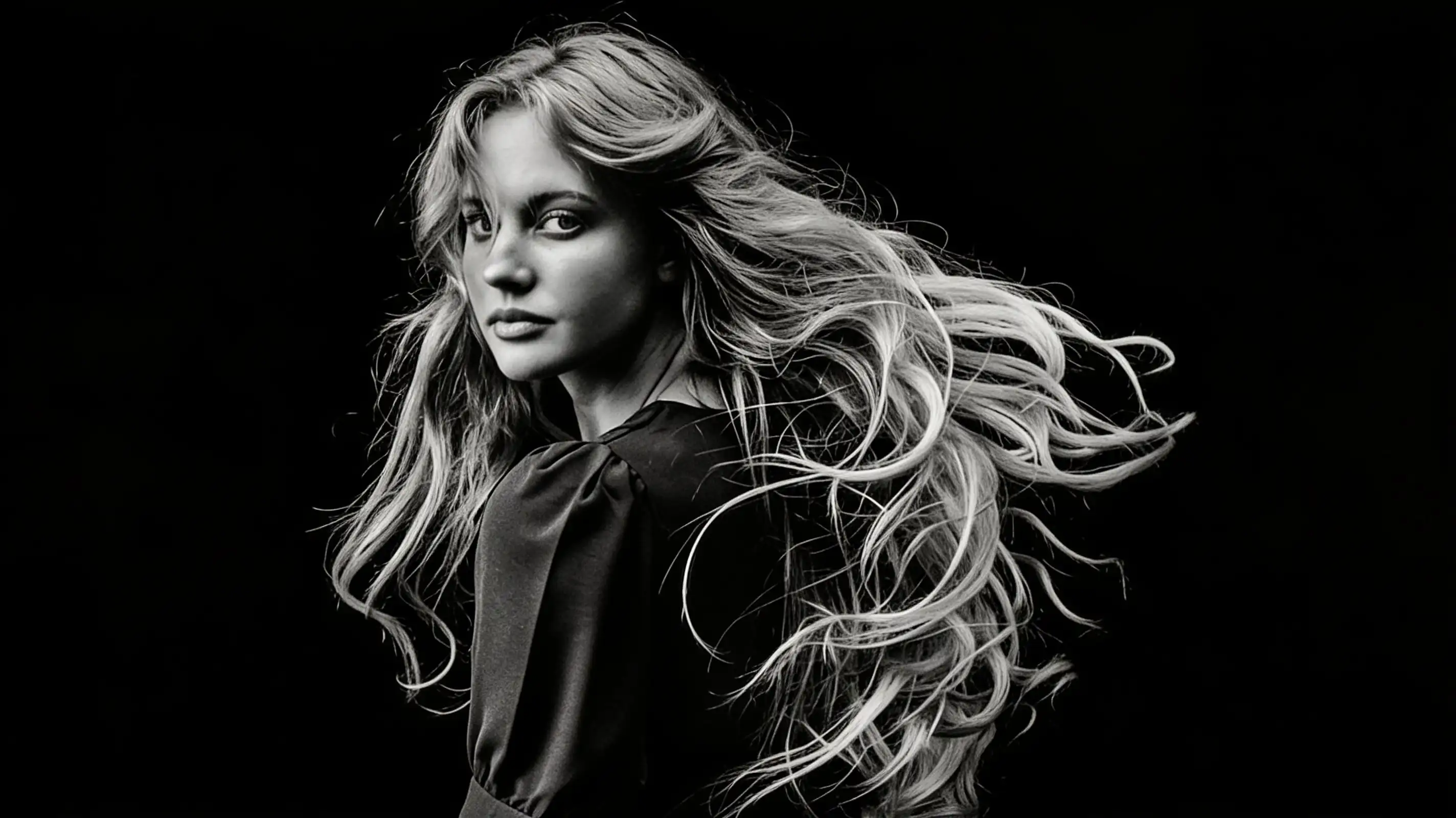 A woman with long, wavy blonde hair swinging out behind her, looking back over her shoulder against black